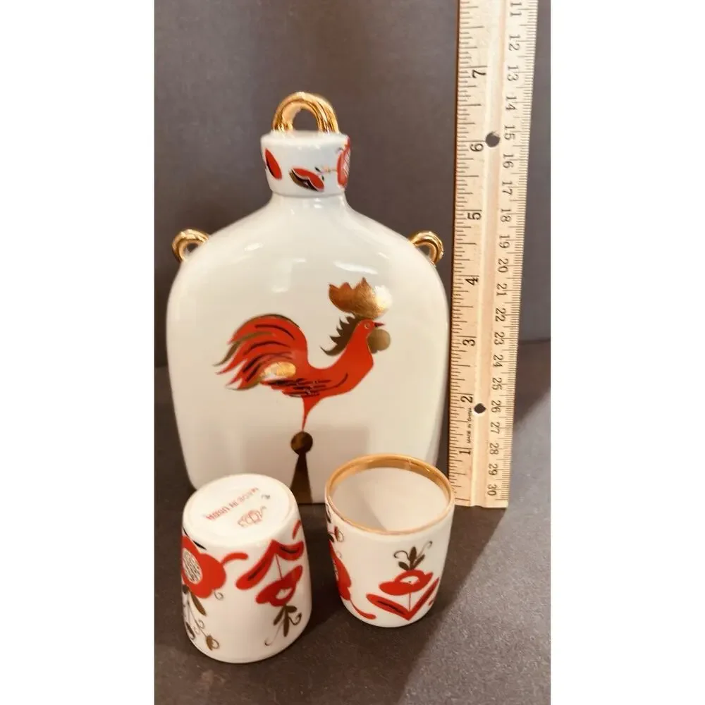 ￼ Vintage USSR Russian Porcelain Decanter Set Woman Holding Bird Rooster 2 Cups